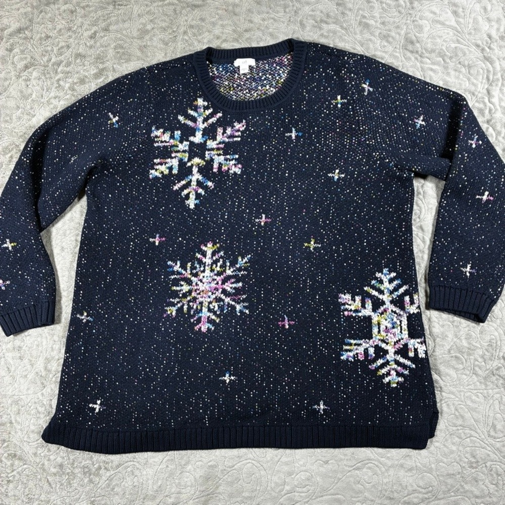 J Jill Snowflake Sweater Women's Size 2X Navy Blue Holiday Christmas Party